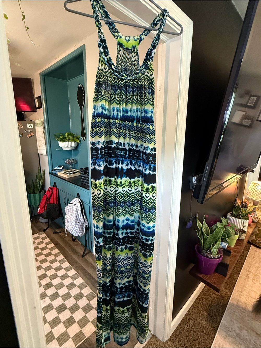 Faded Glory Medium 8-10 Blue Green Geometric Maxi Dress Boho Racerback